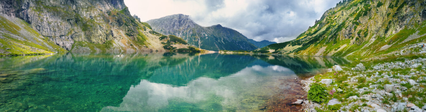 Panoramic view of mountain lake in Tatra mountains