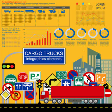 Cargo transportation infographics, trucks, lorry. Elements infog