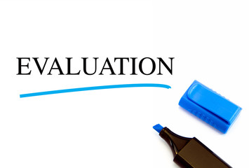 Evaluation text written on white background with blue marker