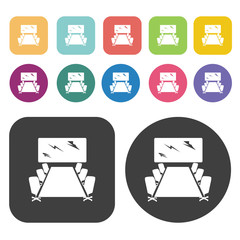 Business meeting room icons set. Round and rectangle colourful 1
