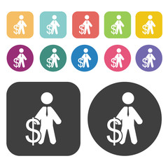 Man with dollar sign icons set. Round and rectangle colourful 12