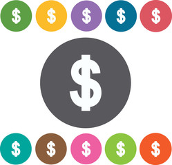 Dollar sign icons set. Round colourful 12 buttons. Vector illust