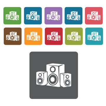 Musical Audio icons set. Rectangle colourful 12 buttons. Vector