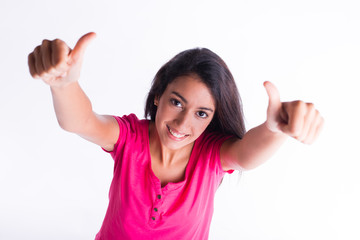 cheerful young woman thumbs up with positive winning attitude