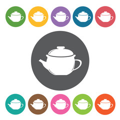 Tea pot icons set. Round colourful 12 buttons. Vector illustrati