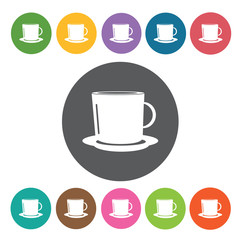 Cup and saucer icons set. Round colourful 12 buttons. Vector ill