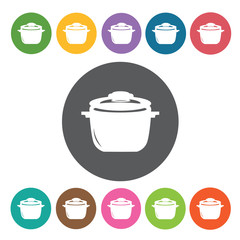 Cooking pot icons set. Round colourful 12 buttons. Vector illust