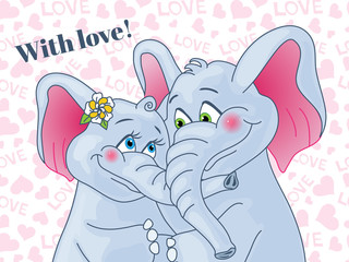 Greeting card with love. Lovers elephants on a romantic