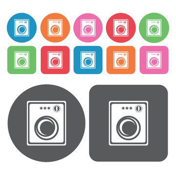 Spinning washing machine icons set. Round colourful 12 buttons.