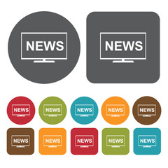 News on tv icons set. Round and rectangle colourful 12 buttons.