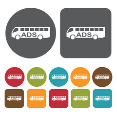 Ads on bus icons set. Round and rectangle colourful 12 buttons.