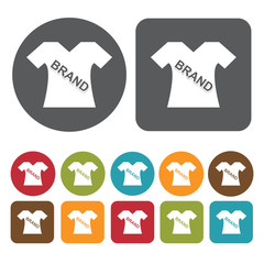 Brand sign on t-shirts set. Round and rectangle colourful 12 but