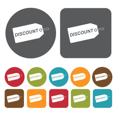 Discount tag icons set. Round and rectangle colourful 12 buttons