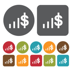 Dollar sign graph icons set. Round and rectangle colourful 12 bu