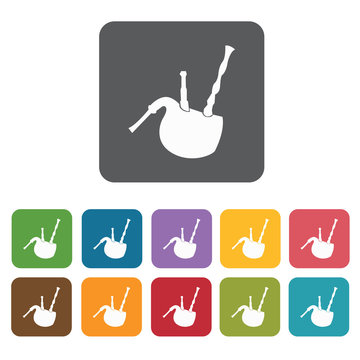Bagpipe icons set. Rectangle colourful 12 buttons. Vector illust