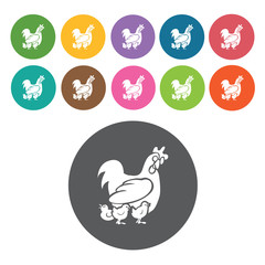 Hen and chicks icons set. Round colourful 12 buttons. Vector ill