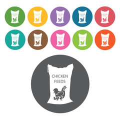 Chicken feeds in sack icons set. Round colourful 12 buttons. Vec