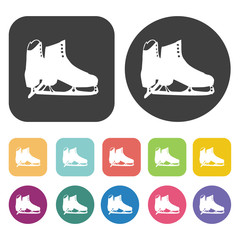 Ice ski shoes icons set. Round and rectangle colourful 12 button
