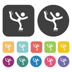 Figure skating icons set. Round and rectangle colourful 12 butto