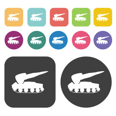 Tank with missile icons set. Round and rectangle colourful 12 bu