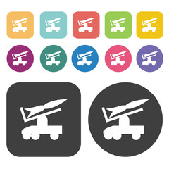 Jeep missile carrier icons set. Round and rectangle colourful 12