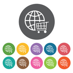 Online shopping cart icons set. Round colourful 12 buttons. Vect