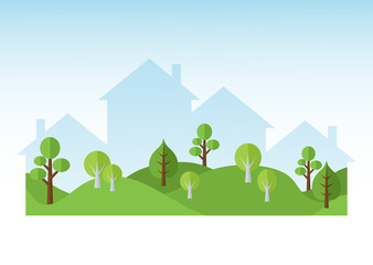 Fototapeta premium Green Trees And Houses Silhouettes