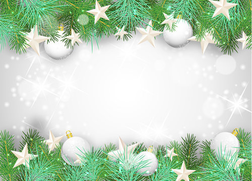 Christmas background with white ornaments and branches