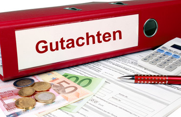 Gutachtenordner mit Geld und Taschenrechner, rot