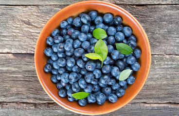 fresh blueberries in a bowl on wooden surface