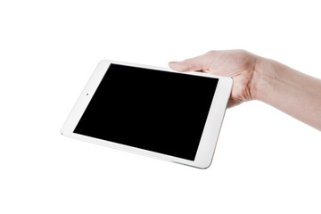 Female Hand Holding White Tablet. Isolated on white.