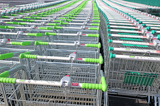 Rows of a plurality of shopping trolleys