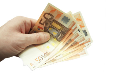 Stack of fifty euro banknotes isolated on the white background