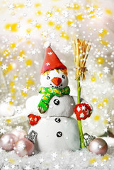 Beautiful snowman and Christmas decor, on bright background