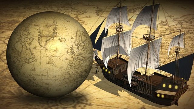 Vintage Rotating Globe And Map Of The World old sailing ship