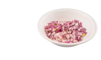 Fototapeta na wymiar Chopped onions in a bowl over white background