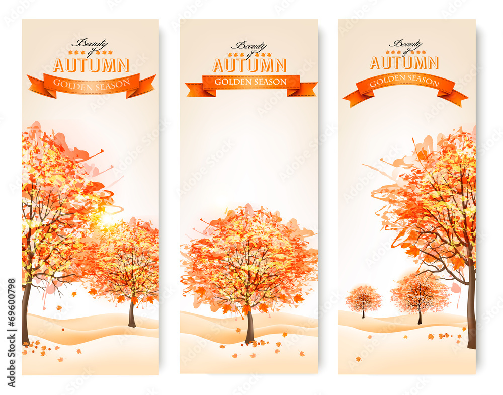 Poster three autumn abstract banners with colorful leaves and trees. ve