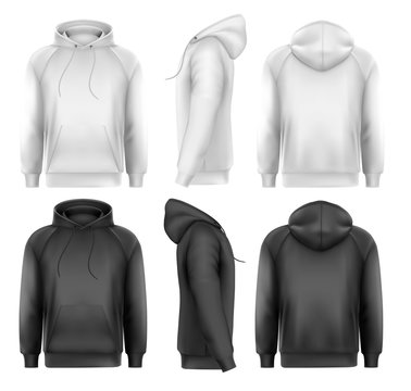 Set of black and white male hoodies with sample text space. Vect