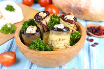 Fried aubergine in a bowl with cottage cheese, bread and