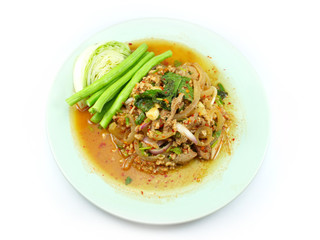 thai spicy minced meat salad on white background