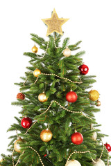 Naklejka na ściany i meble Decorated Christmas tree close-up isolated on white