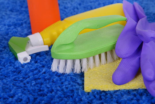 Cleaning items on carpet close up
