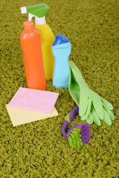 Cleaning items on carpet close up