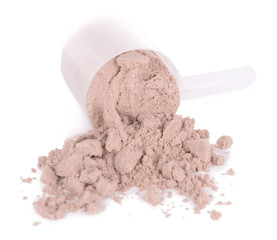 Whey protein powder in scoop isolated on white