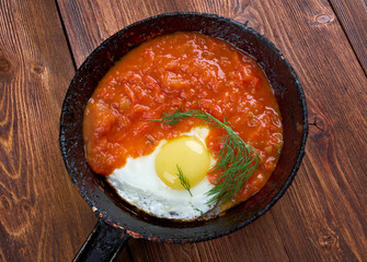 Matbucha and scrambled eggs