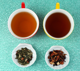 Assortment of tea on color background