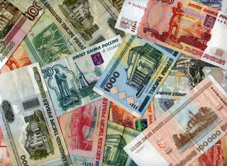 Fototapeta na wymiar Background. Russia rubles and Belarus rubles