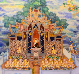 Native Thai mural painting on temple wall, Thailand © boonsom