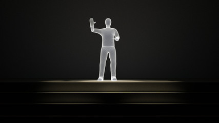 Obraz premium Showtime - Charackter steht allein auf der Bühne, hebt die Hand zur Begrüßung, Alleinunterhalter, Entertainer, Künstler