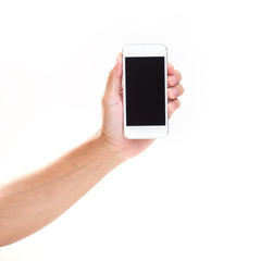 Man hand holding mobile phone on white background